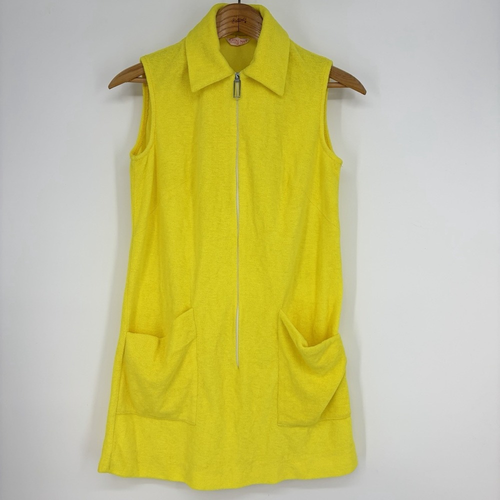 Vtg 60s Catalina Terry Cloth Cover Up Dress M‎ Yellow Sleeveless Mod USA Beach
